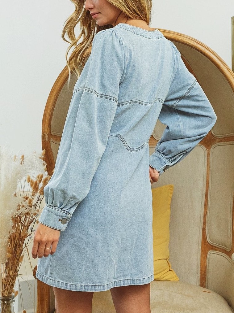 HOT SALE Square Neck Button Front Washed Denim Dress (Buy 2 Free Shipping)