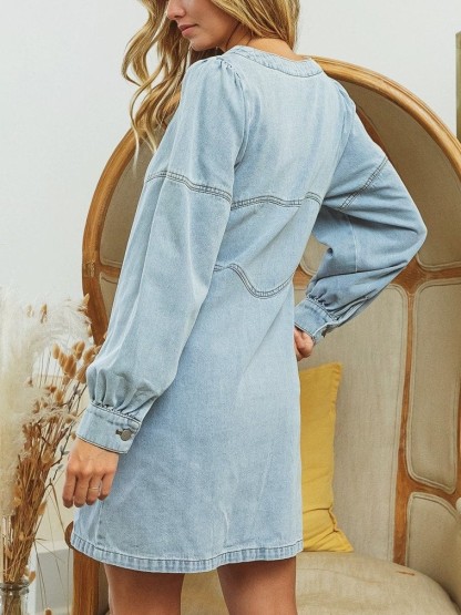 HOT SALE Square Neck Button Front Washed Denim Dress (Buy 2 Free Shipping)