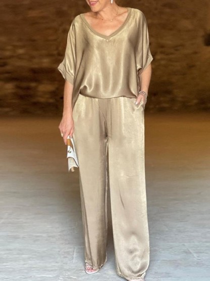 HOT SALE V-neck Satin Top and Wide Leg Two-piece Set