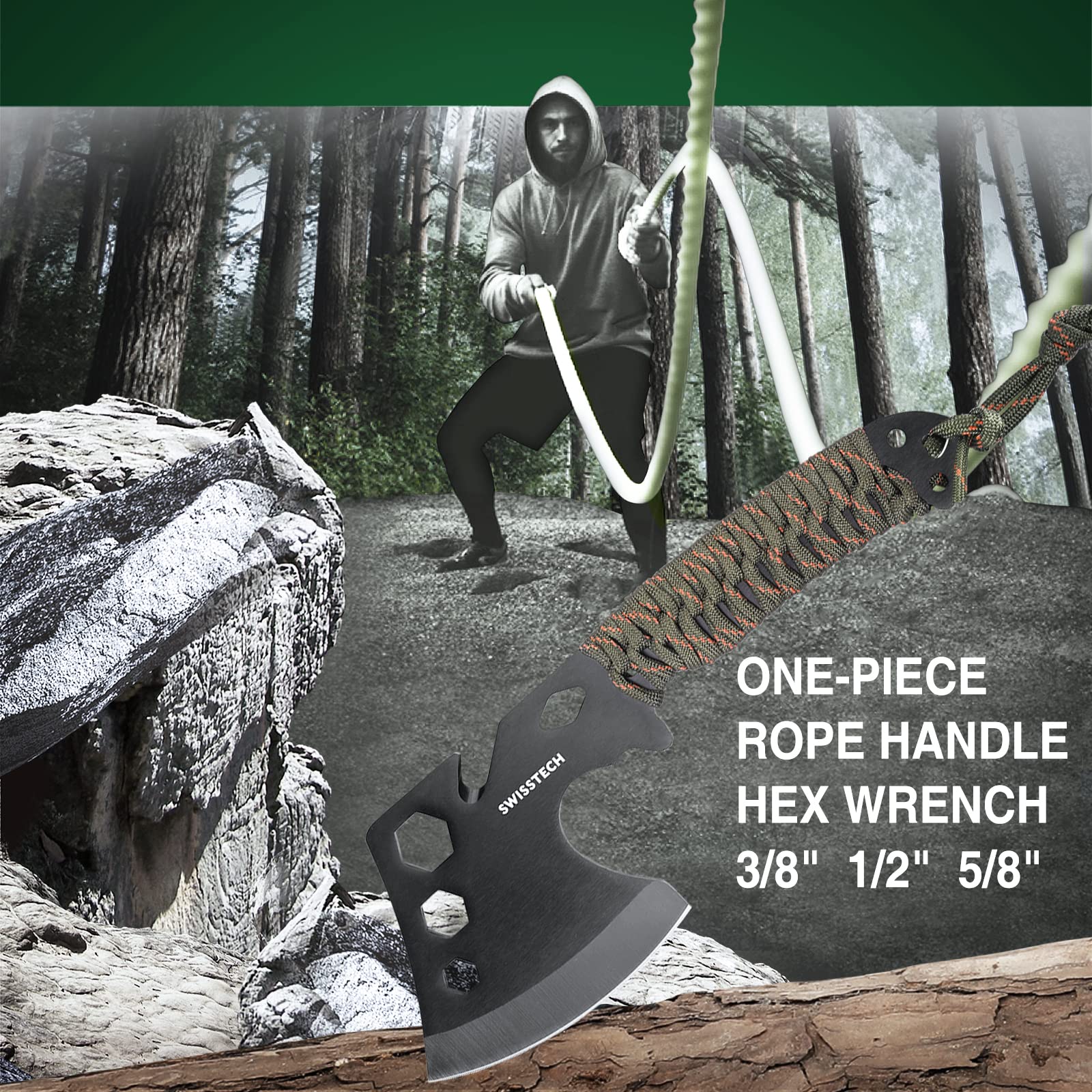 Topor și mașetă Swiss+Tech cu teacă, topor de camping dintr-o bucată și cuțit de vânătoare cu lamă fixă cu mâner de frânghie, set de instrumente de camping de 8 piese include far cu LED, paracord, baston de silex, carabinier