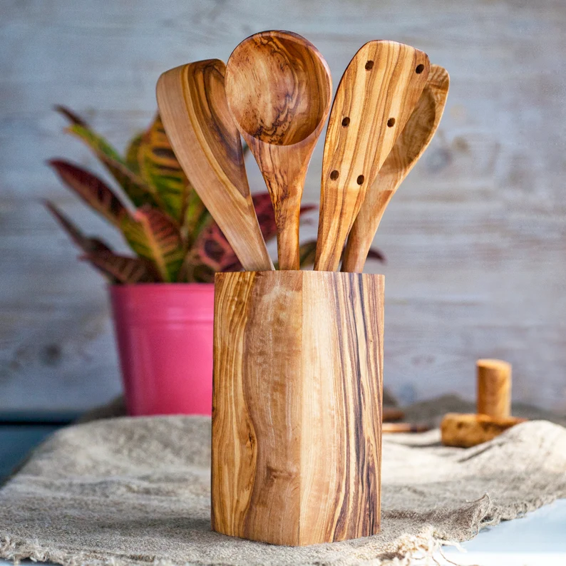 Set de 6 bucăți de spatulă din lemn de măslin și linguri de gătit, ustensile de gătit din lemn