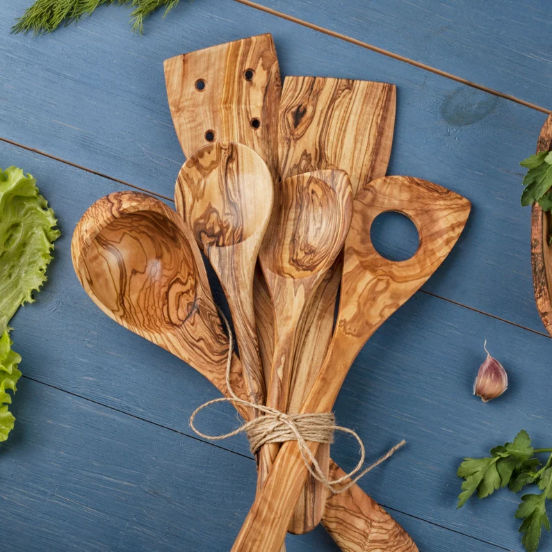 Set de 6 bucăți de spatulă din lemn de măslin și linguri de gătit, ustensile de gătit din lemn