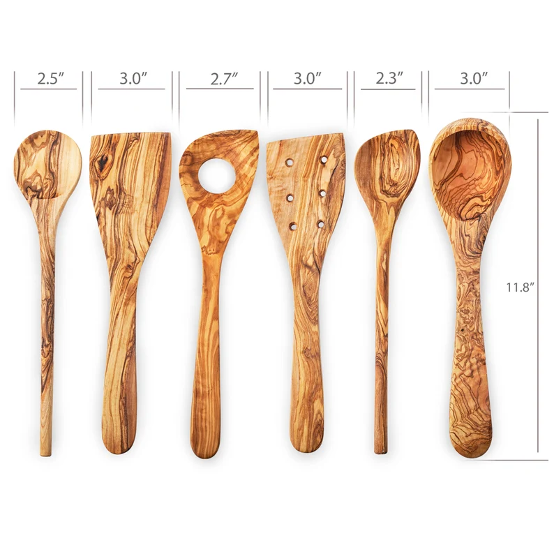 Set de 6 bucăți de spatulă din lemn de măslin și linguri de gătit, ustensile de gătit din lemn