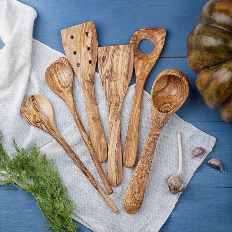 Set de 6 bucăți de spatulă din lemn de măslin și linguri de gătit, ustensile de gătit din lemn