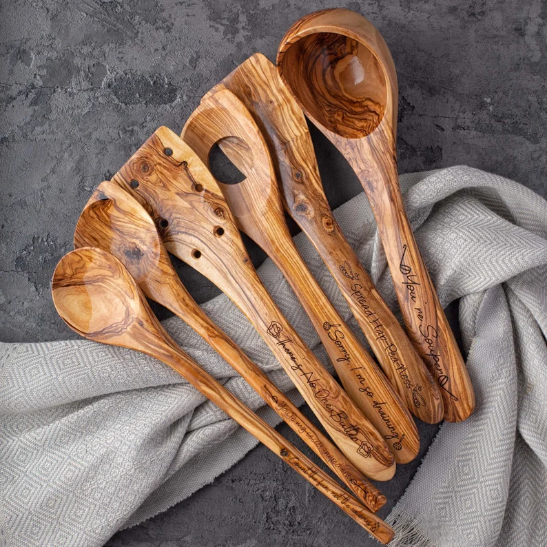 Set de 6 bucăți de spatulă din lemn de măslin și linguri de gătit, ustensile de gătit din lemn