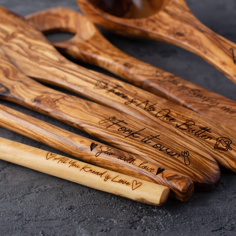 Set de 6 bucăți de spatulă din lemn de măslin și linguri de gătit, ustensile de gătit din lemn