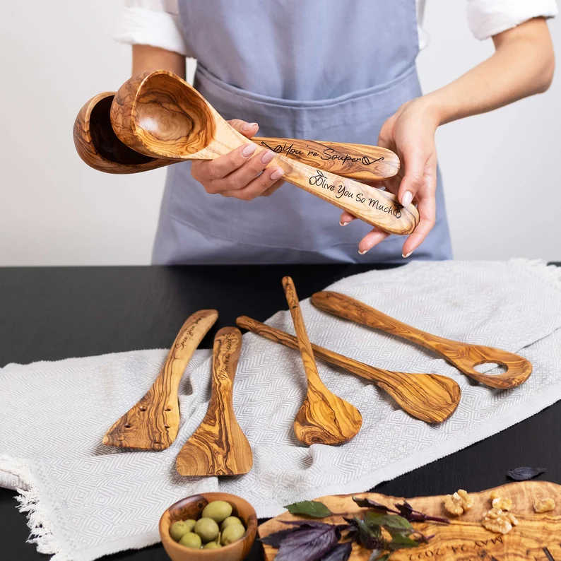 Set de 6 bucăți de spatulă din lemn de măslin și linguri de gătit, ustensile de gătit din lemn