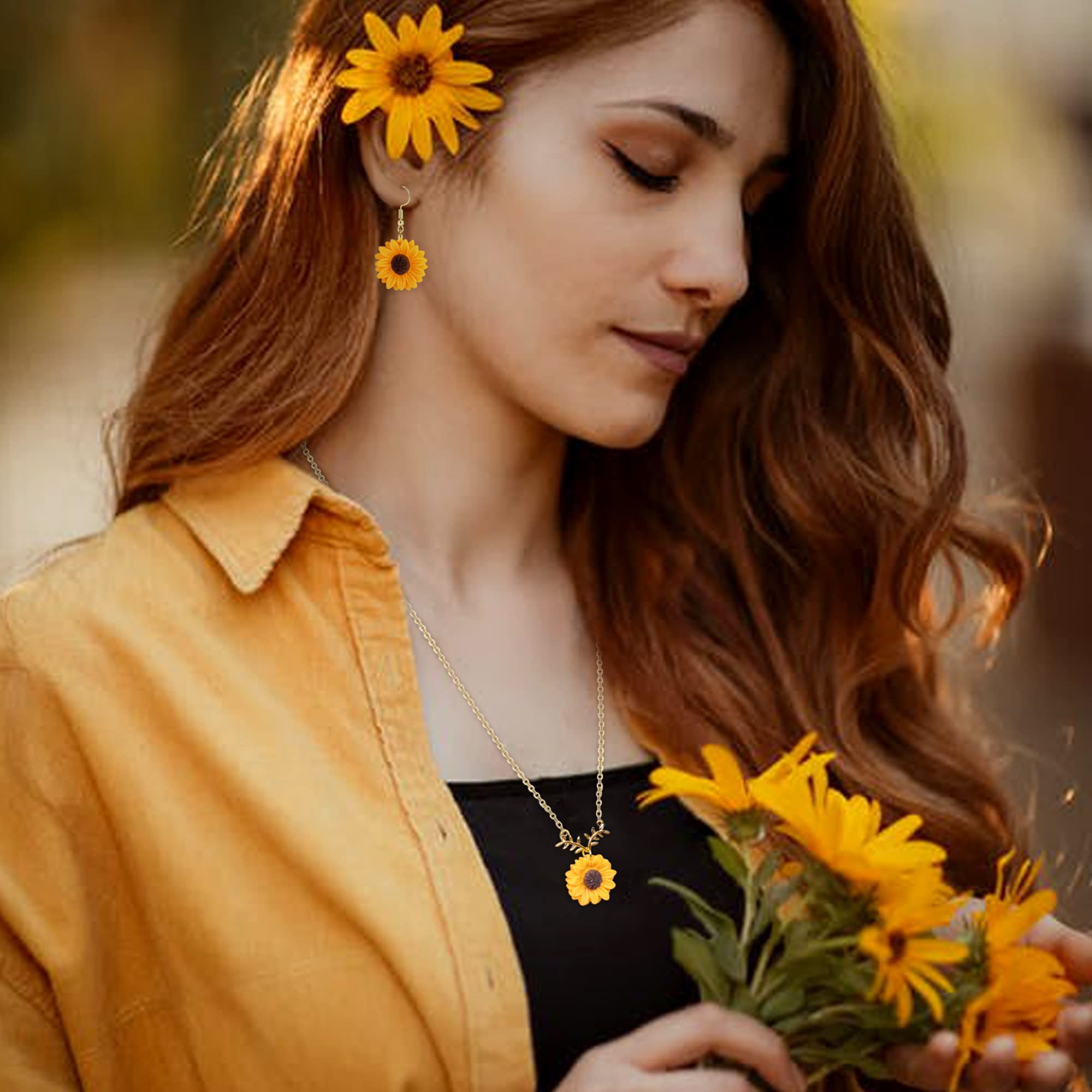 HAIAISO Sunflower Dangle Drop Earrings Sunflower Necklace for Women Handmade Sunflower Jewelry Set Gift