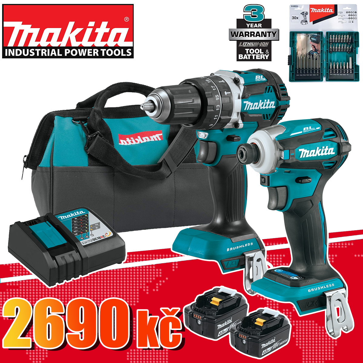 Odpočítávání do nejnižší ceny nových produktů Makita v roce 2025 - sada akumulátorového nářadí Makita XT269M 18V bezkartáčová za pouhých 2690 CZK!
