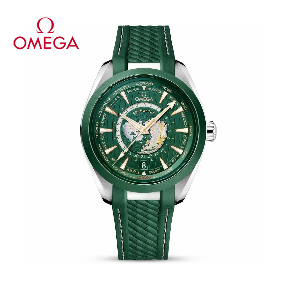 Hodinky Seamaster Aqua Terra GMT Worldtimer 43mm se zeleným řemínkem