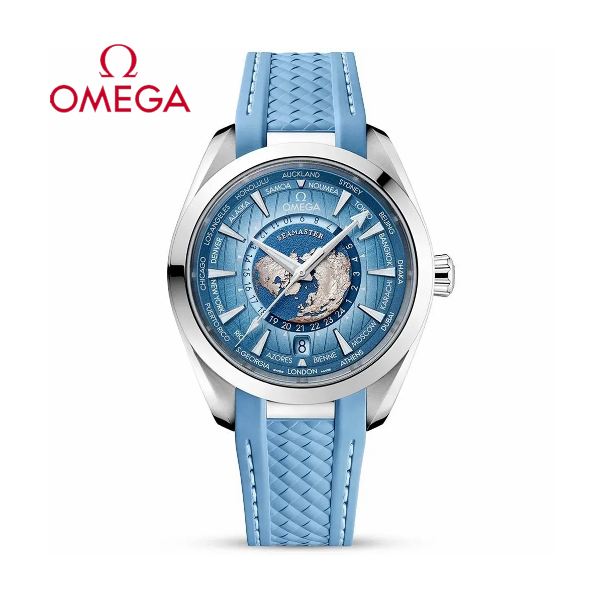 Seamaster Aqua Terra GMT Worldtimer 43mm letní modré hodinky s řemínkem