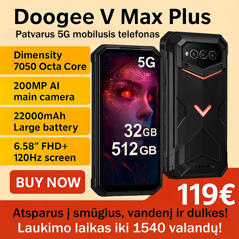 🔥Doogee V Max Plus – tvirtas 5G išmanusis telefonas, pasaulinė versija✅