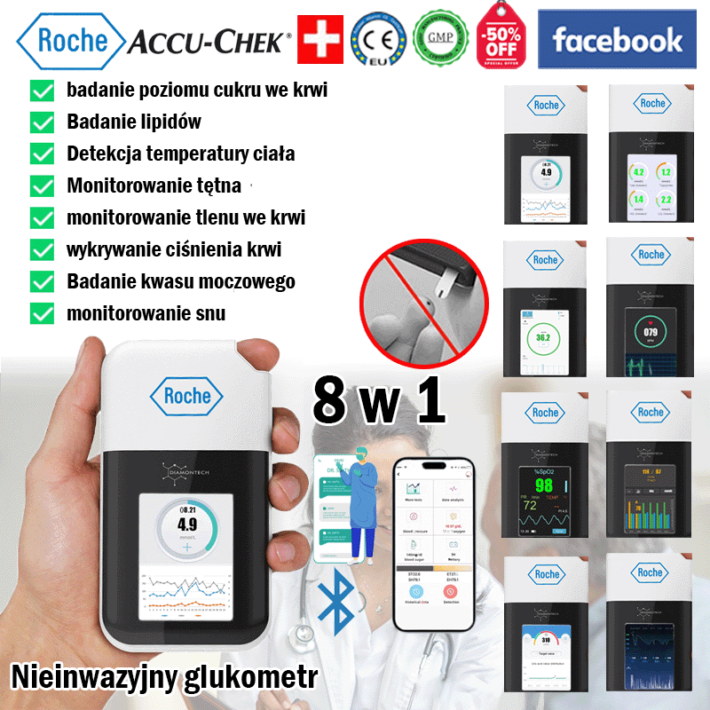 [8 w 1 importowane ze Szwajcarii] Nieinwazyjny, wielofunkcyjny glukometr o wysokiej precyzji