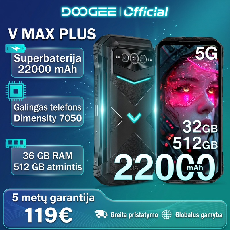 🔥Doogee V Max Plus – tvirtas 5G išmanusis telefonas, pasaulinė versija✅