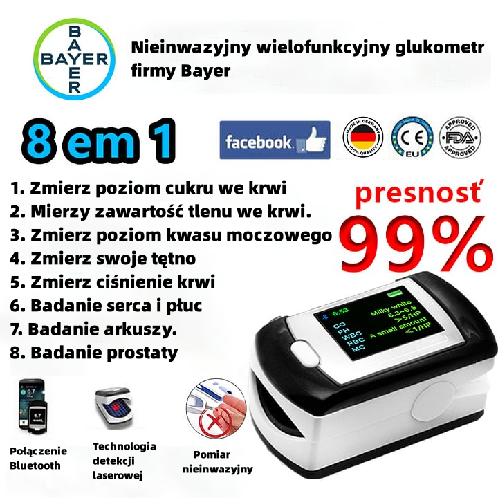 Nieinwazyjny glukometr Bayer (pomiar 5 sekund/dokładność 99%) 