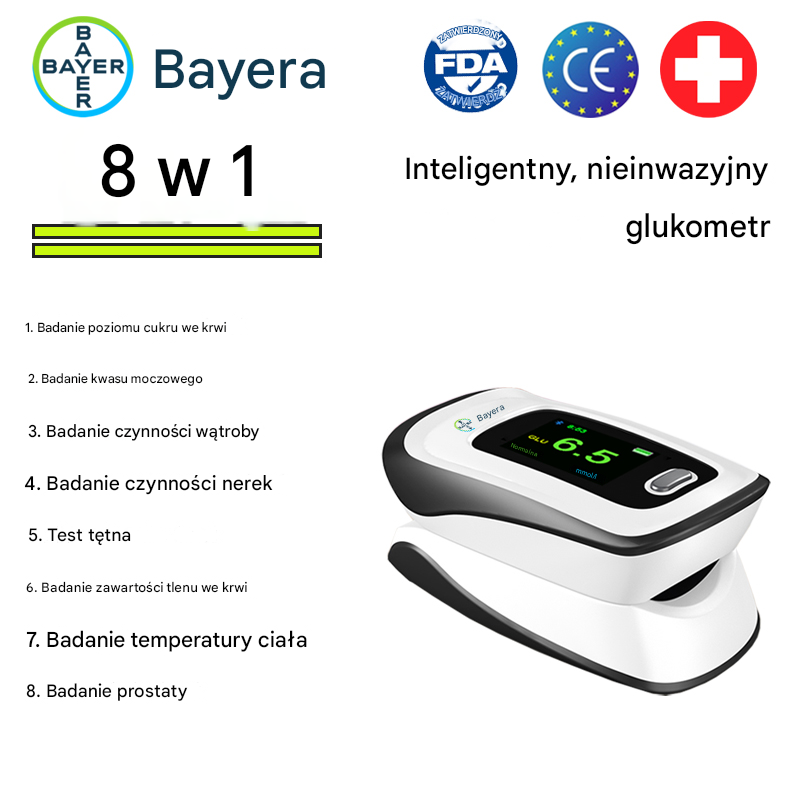 【12 w 1】Najnowszy, nieinwazyjny, inteligentny glukometr firmy Bayer. Nie ma potrzeby pobierania krwi, więc pożegnaj się z ryzykiem infekcji!