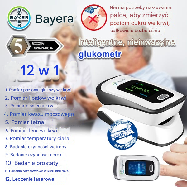 【12 w 1】Najnowszy, nieinwazyjny, inteligentny glukometr firmy Bayer. Nie ma potrzeby pobierania krwi, więc pożegnaj się z ryzykiem infekcji!