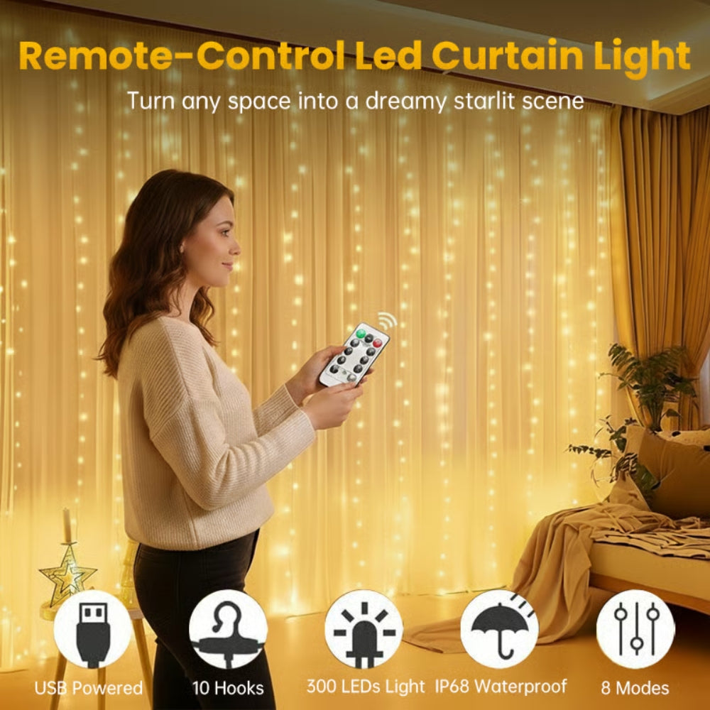 Remote-Control Led Curtain Light - 9.8*9.8 FT