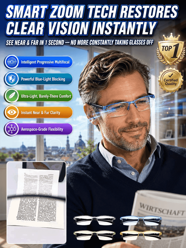 German Smart Auto-Focus Glasses: No prescription needed! Auto-adjusts reading power to your eyes for crystal clear vision near & far.