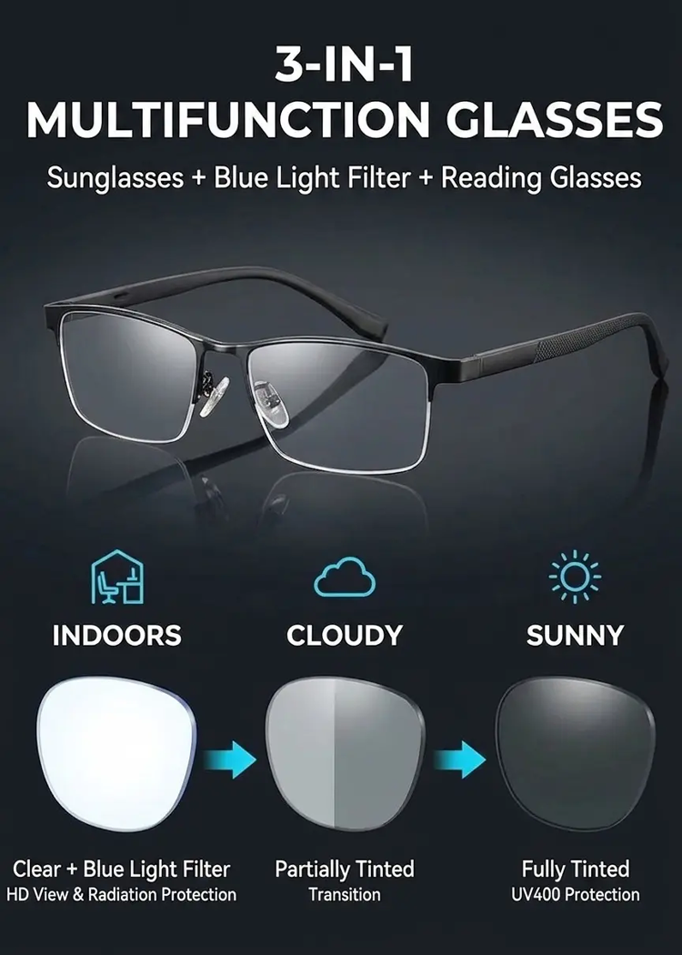 【Instant Transformation into a Stylish Man】Smart Zoom, Photochromic, Ultra-Light Glasses