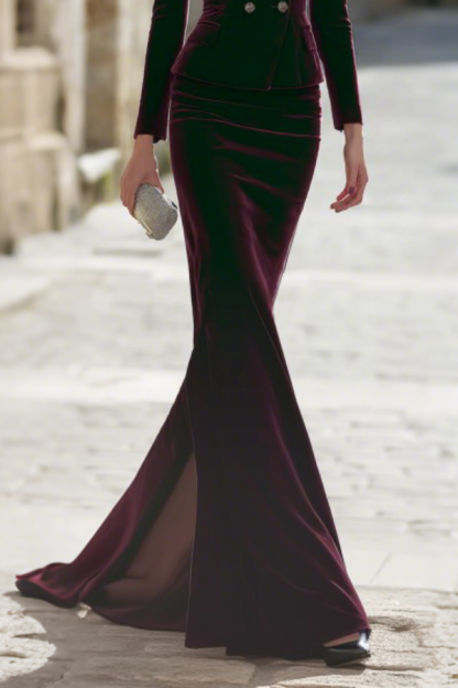Formal Outfit Sets Burgundy Lapel Velvet Skirts Set