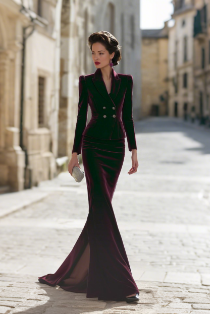 Formal Outfit Sets Burgundy Lapel Velvet Skirts Set