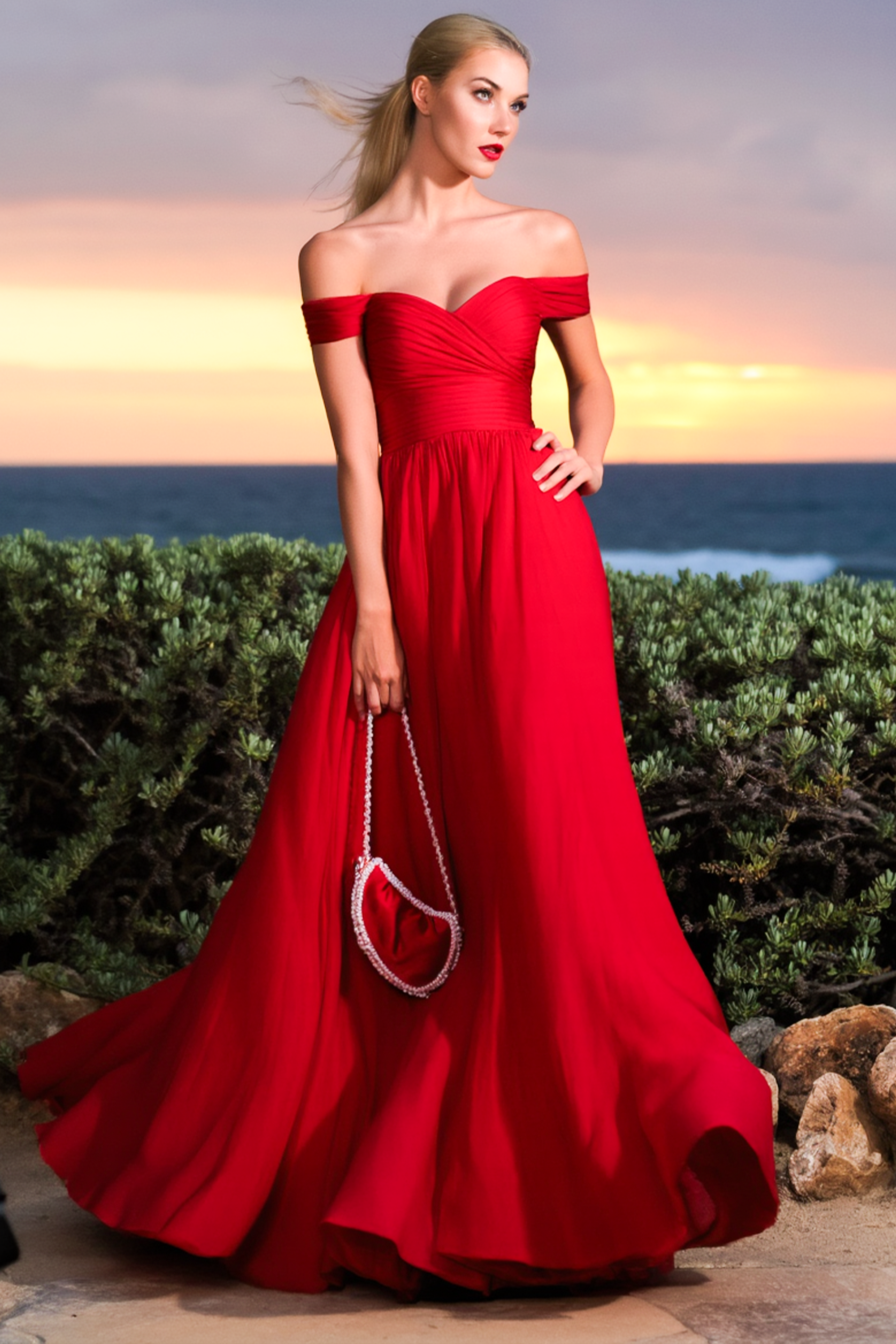 Evening Formal Dress​​ Red Off Shoulder Floor-Length Dress