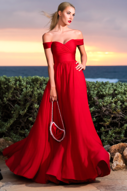 Evening Formal Dress​​ Red Off Shoulder Floor-Length Dress