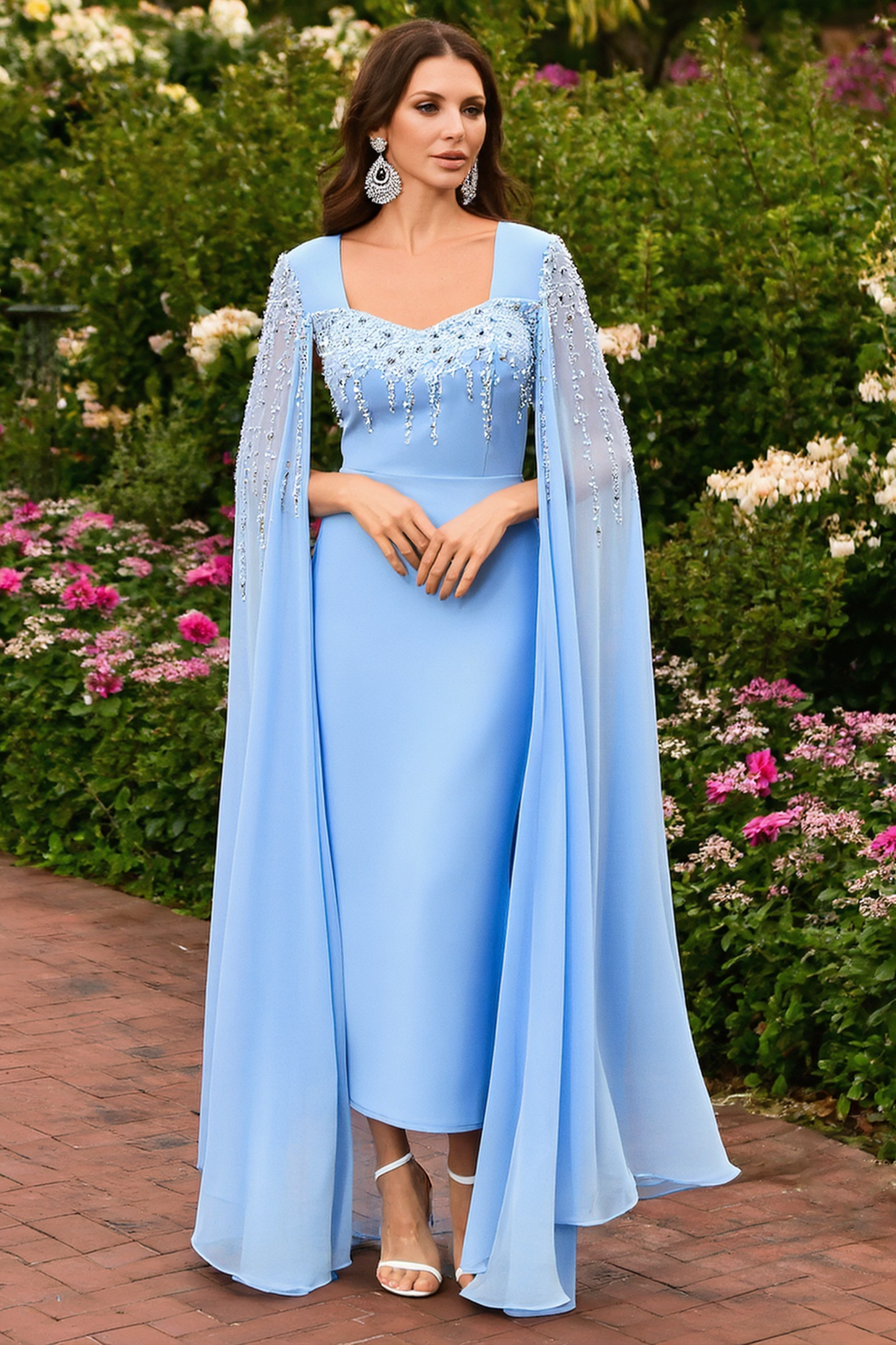 Formal Dress Blue Sweetheart Neck Cape Beaded Floor-Length Dress