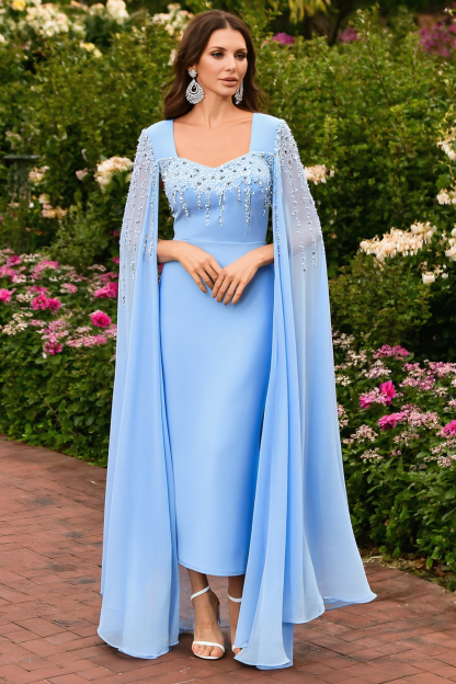 Formal Dress Blue Sweetheart Neck Cape Beaded Floor-Length Dress