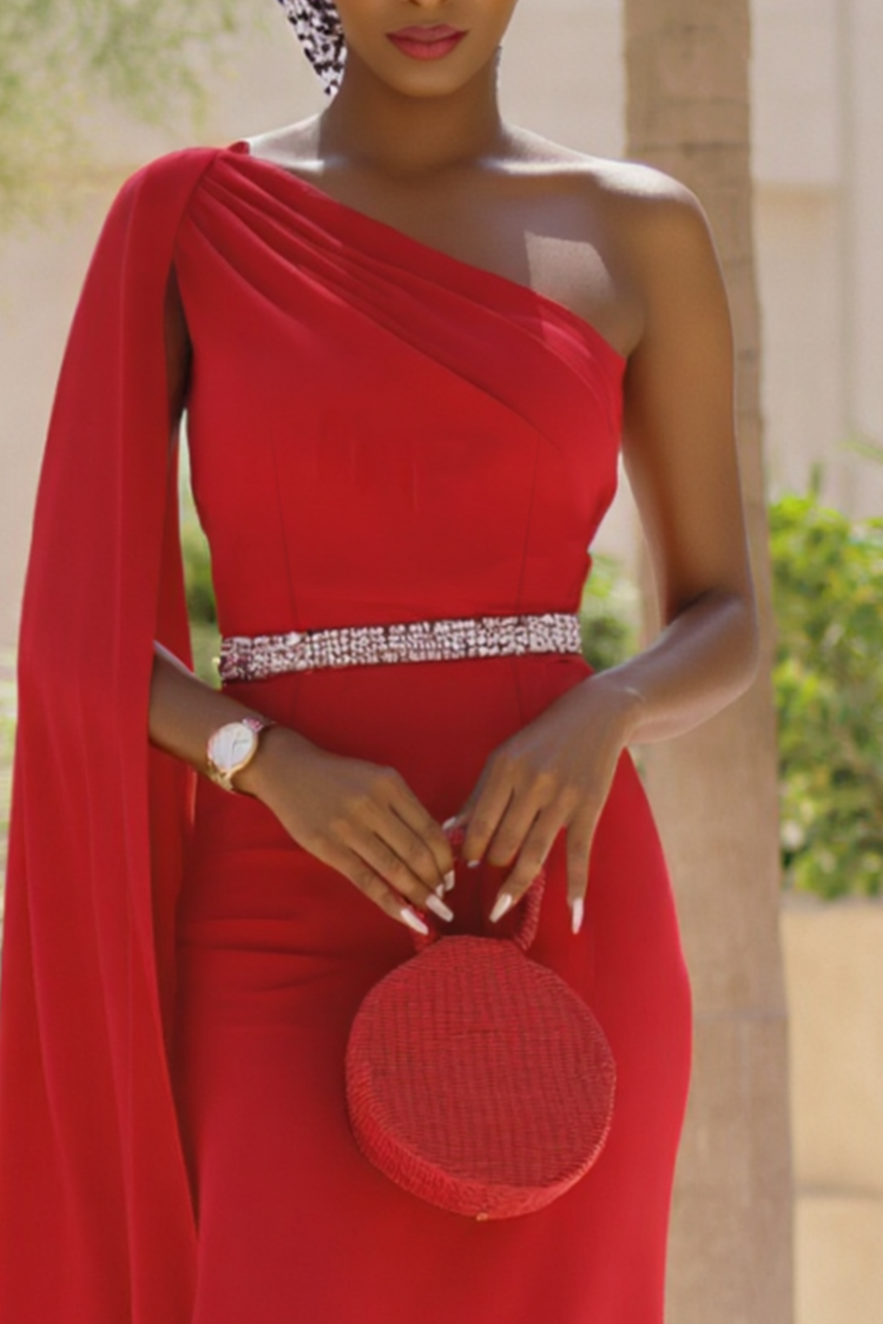 Formal ​Cocktail Dress​​​ Red One Shoulder Belted Floor-Length Dress