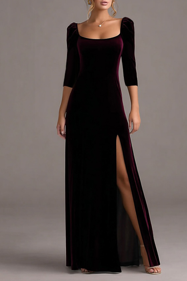 Formal Evening Dress Burgundy Square Neck Velvet Maxi Dress