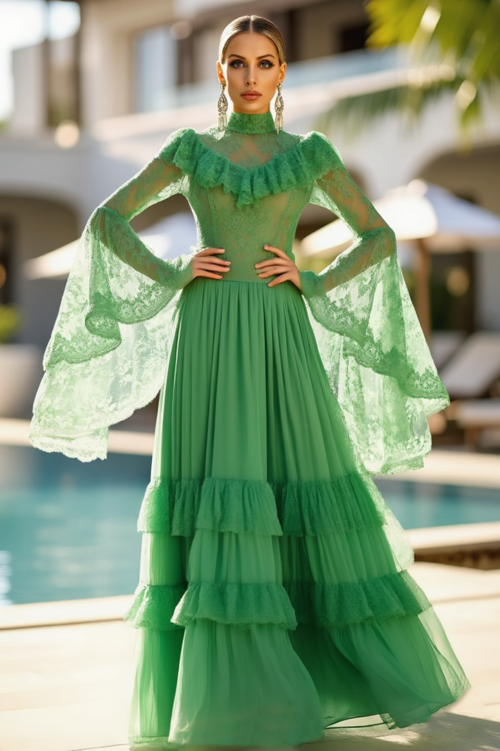 Holiday Dress Green Lace Chiffon Stand Collar Long Sleeve Maxi Dress 