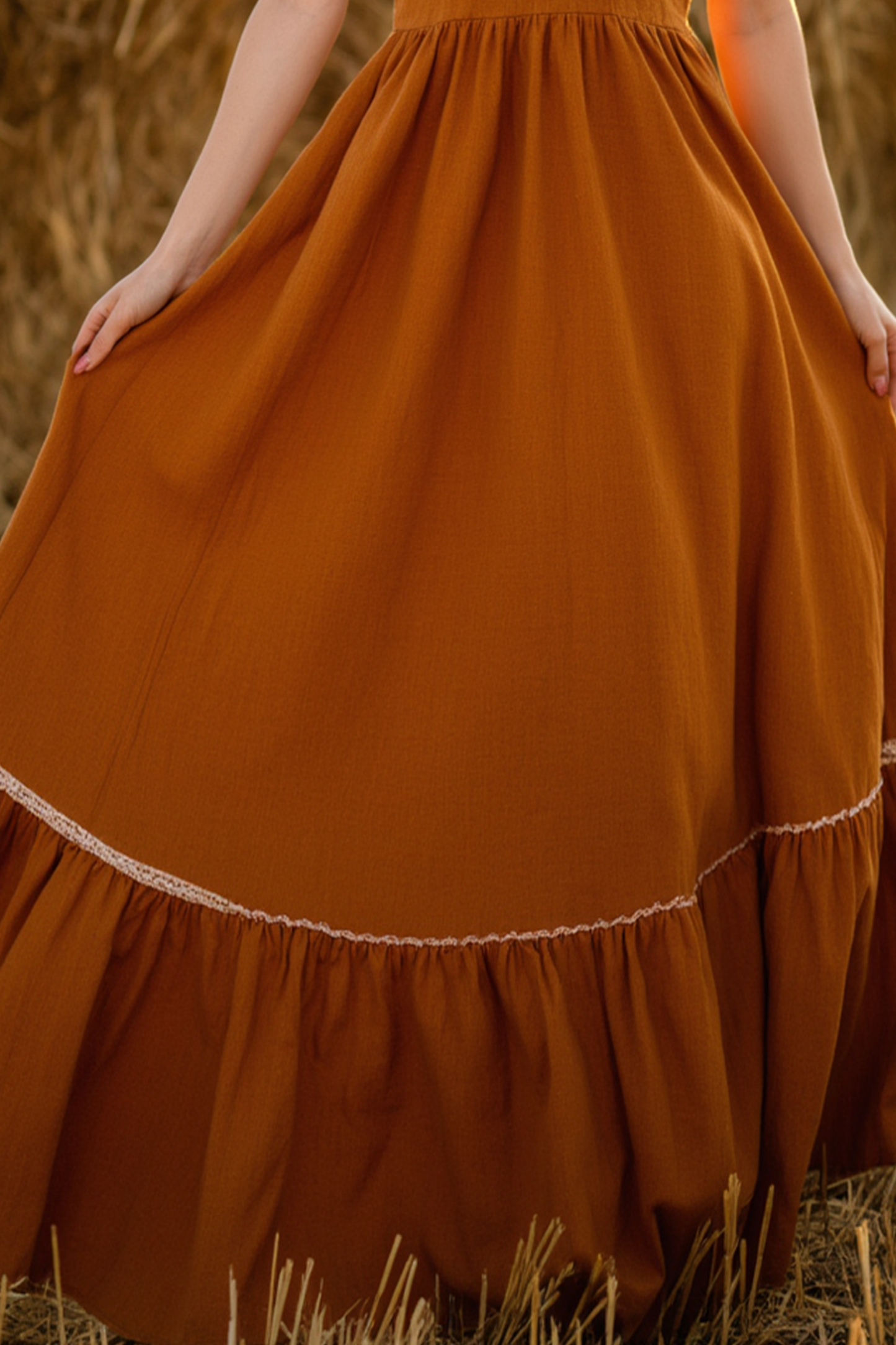 Bohemian Swing Dress Brown V Neck Ruched Maxi Dress