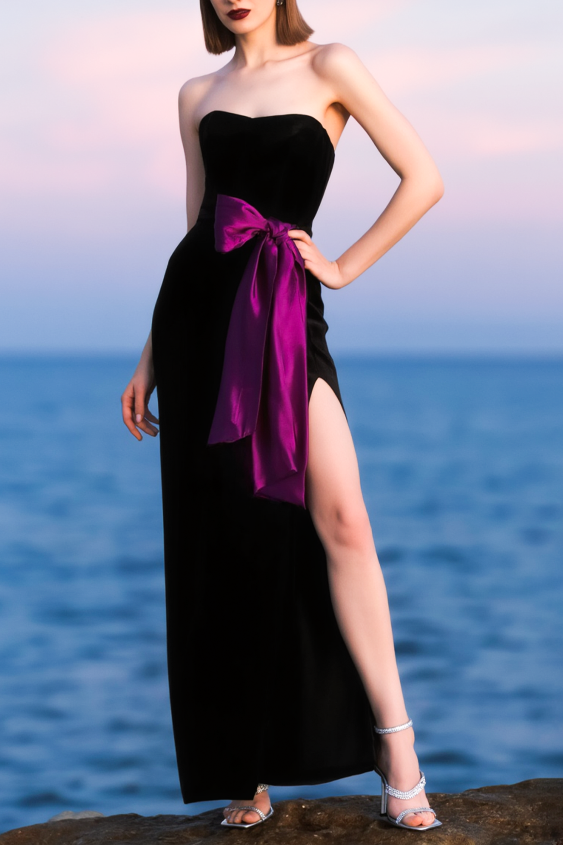 Evening Formal Dress​​ Black Bow Strapless Maxi Dress