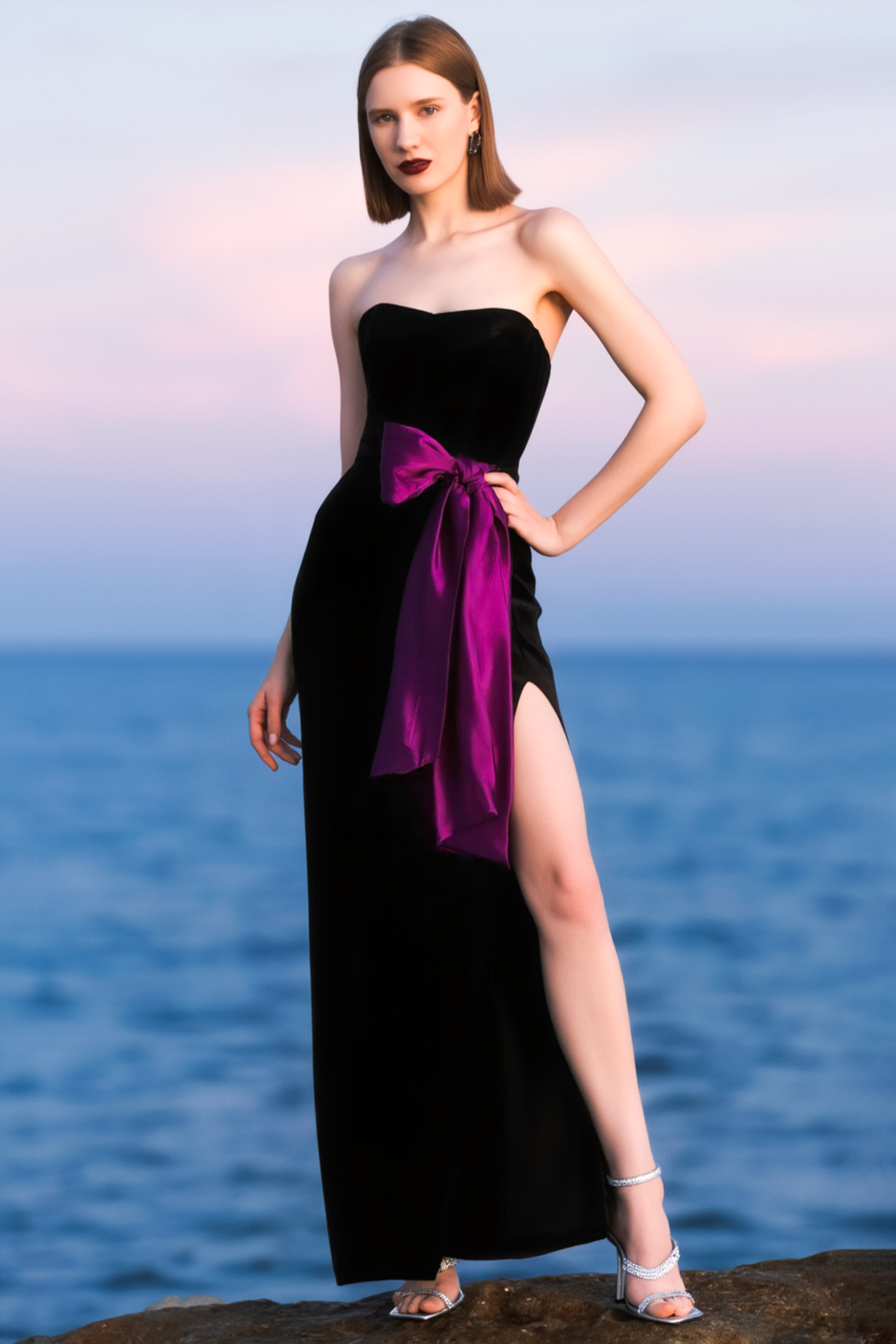 Evening Formal Dress​​ Black Bow Strapless Maxi Dress