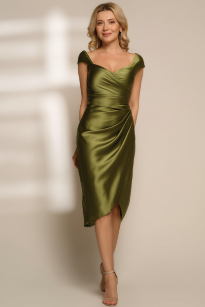 ​Cocktail Satin Dress​ Green V Neck Knee Dress
