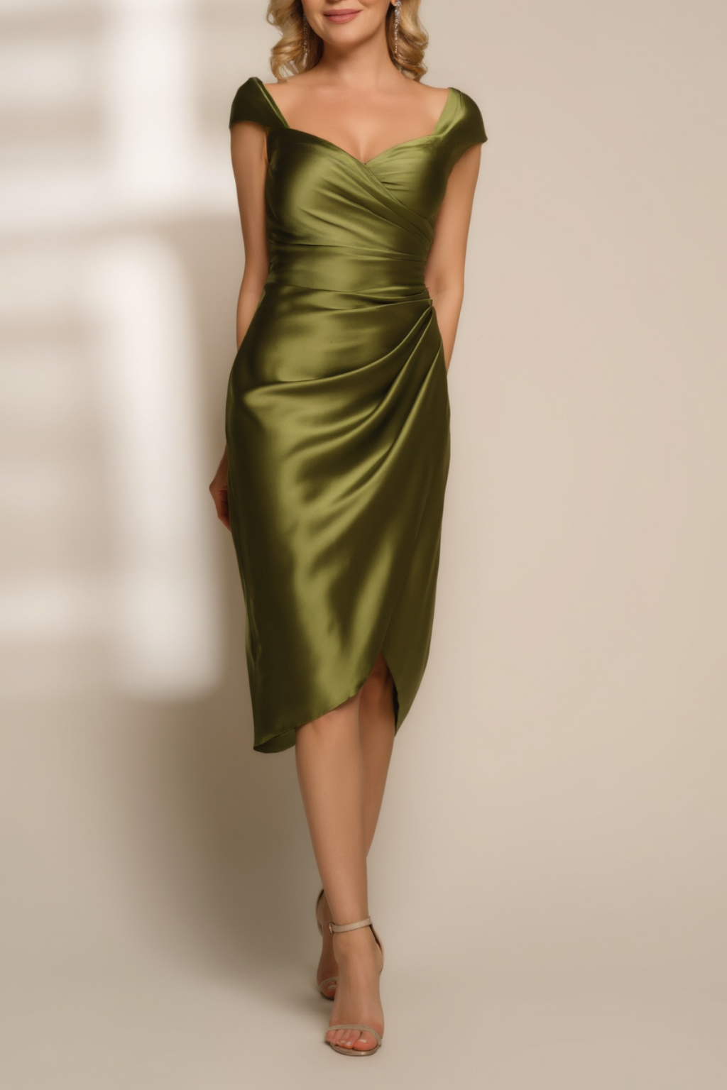 ​Cocktail Satin Dress​ Green V Neck Knee Dress