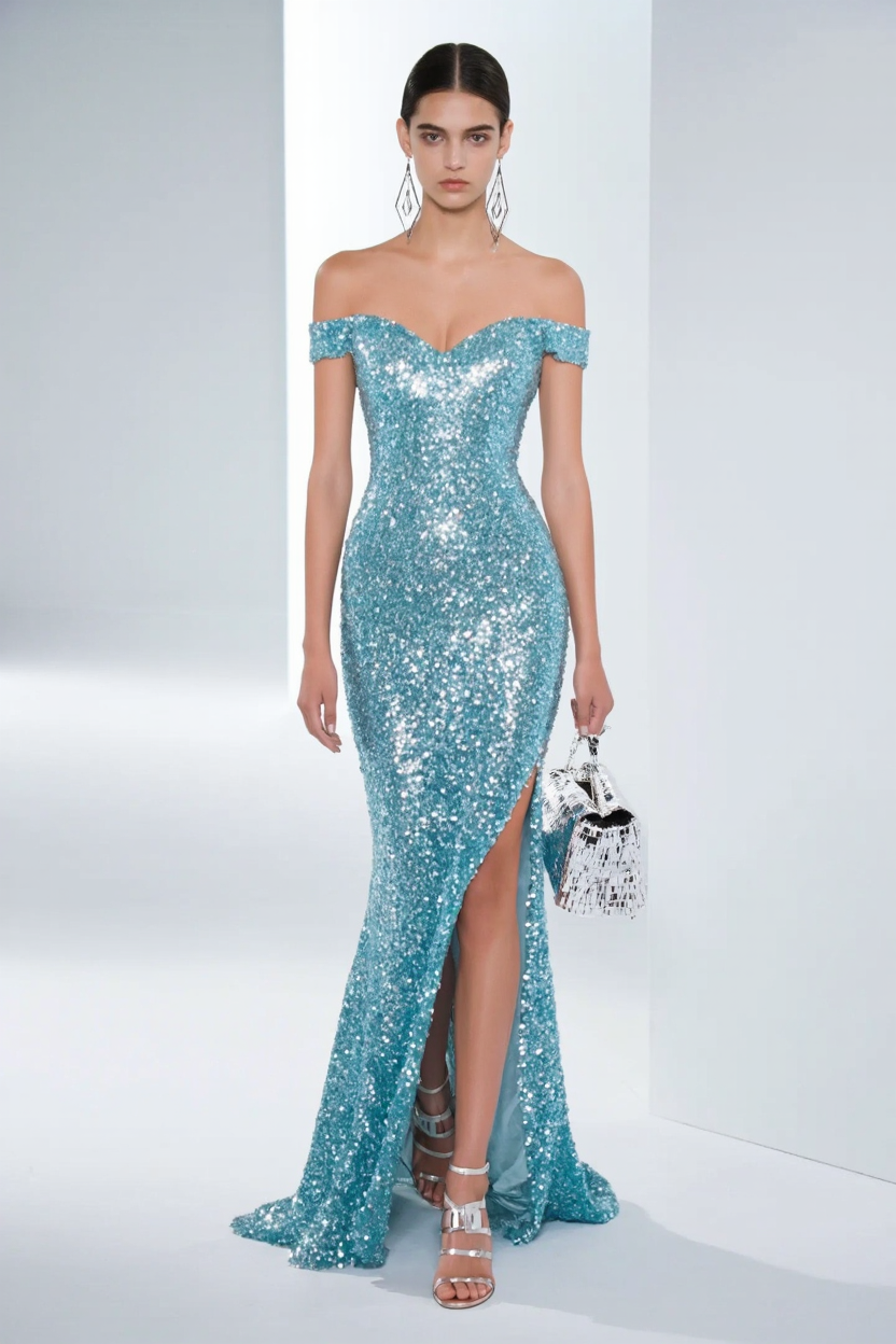 Evening Formal Sequin Dress Blue One-Shoulder High Slit Floor-Length Gown