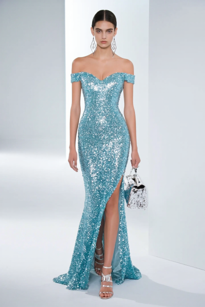 Evening Formal Sequin Dress Blue One-Shoulder High Slit Floor-Length Gown