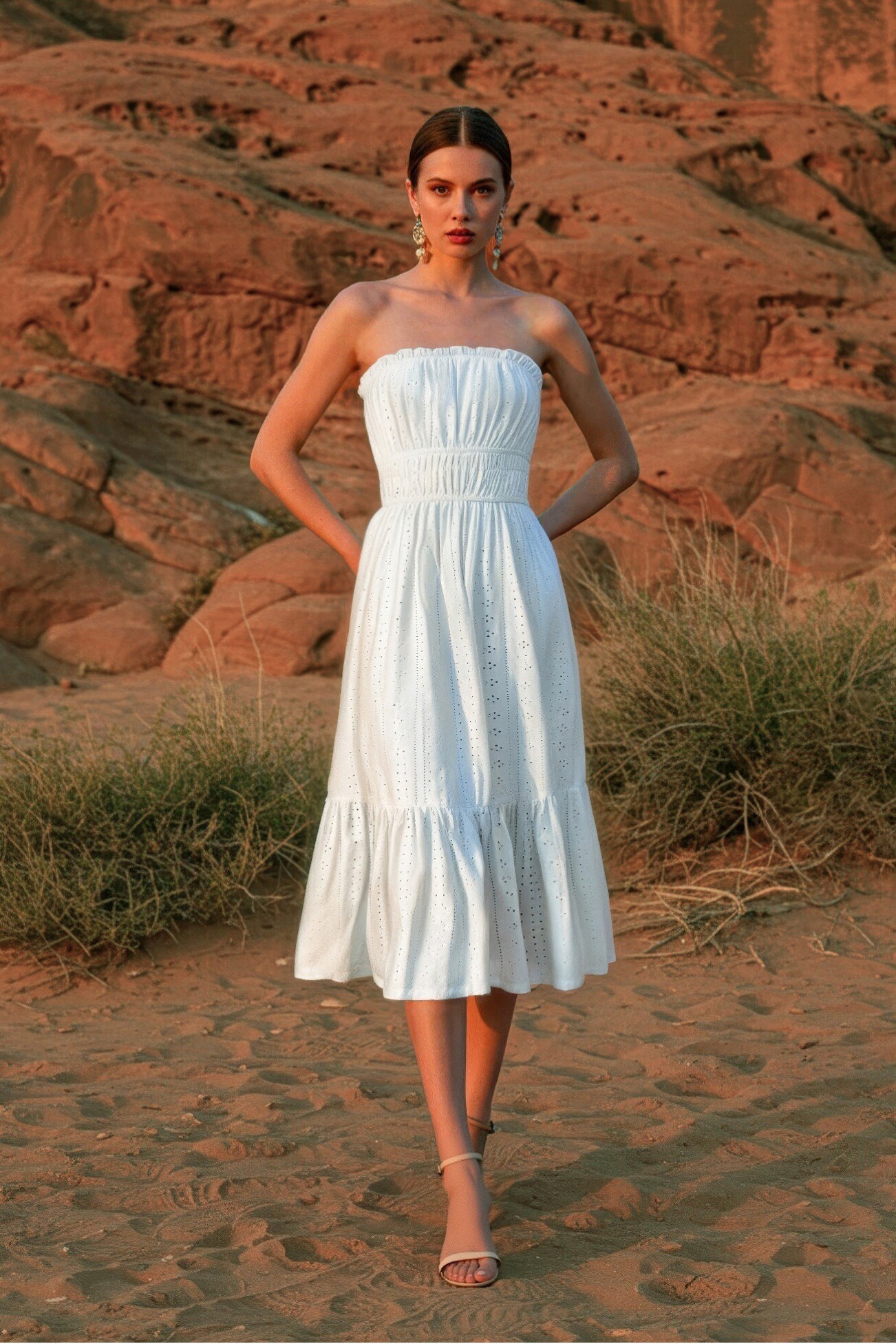 Bohemian Holiday Dress White Sleeveless Midi Dress