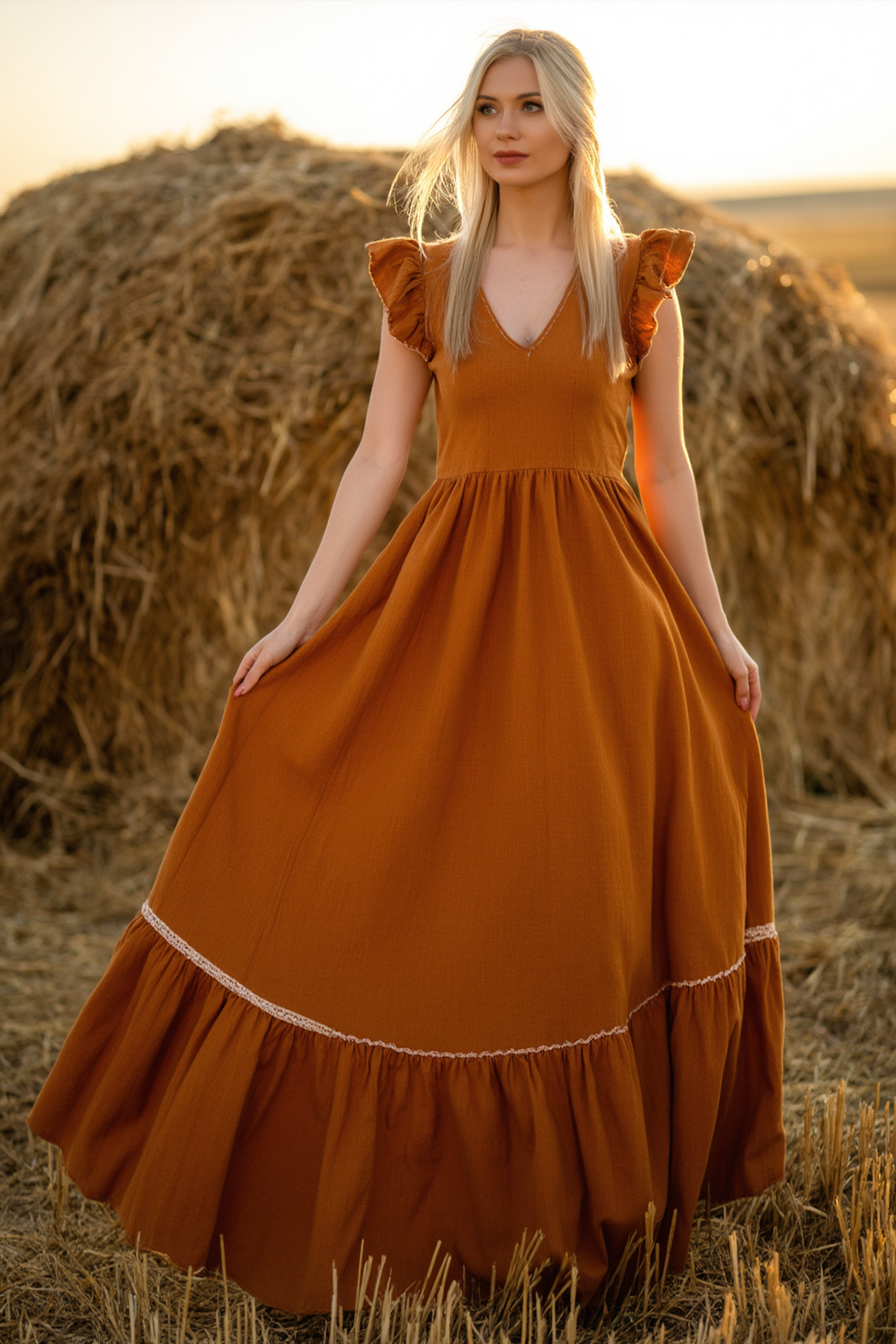 Bohemian Swing Dress Brown V Neck Ruched Maxi Dress
