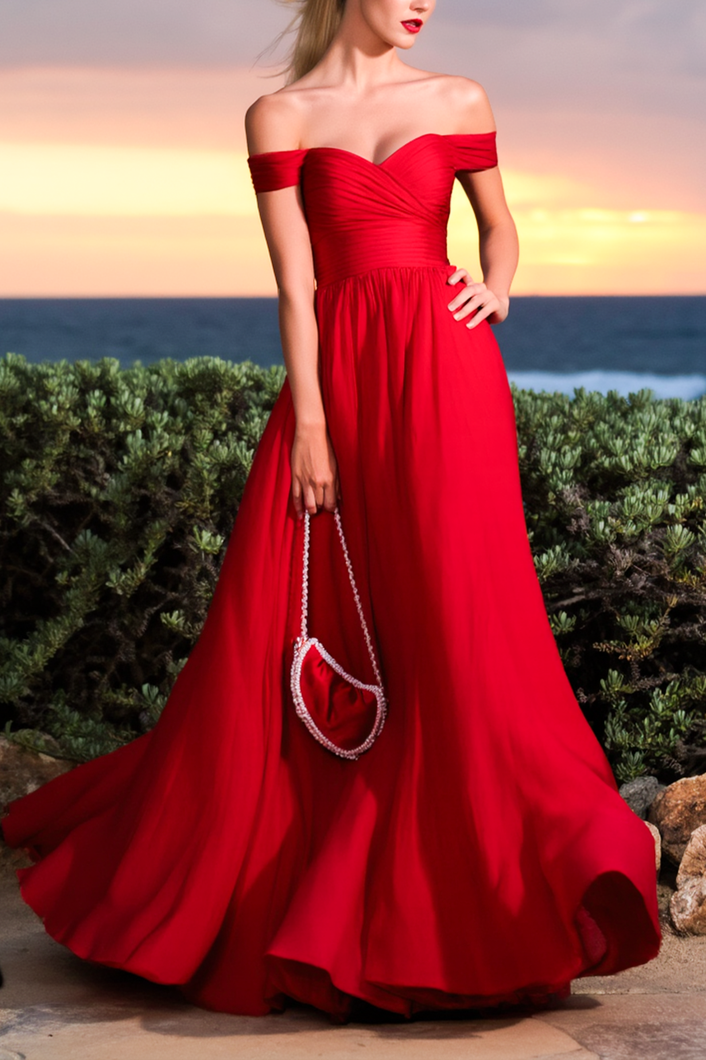 Evening Formal Dress​​ Red Off Shoulder Floor-Length Dress