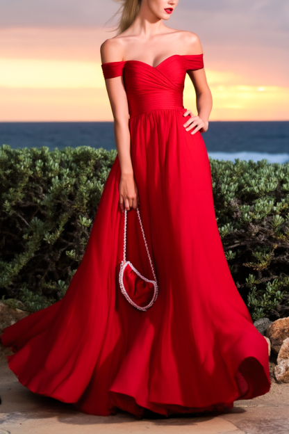 Evening Formal Dress​​ Red Off Shoulder Floor-Length Dress