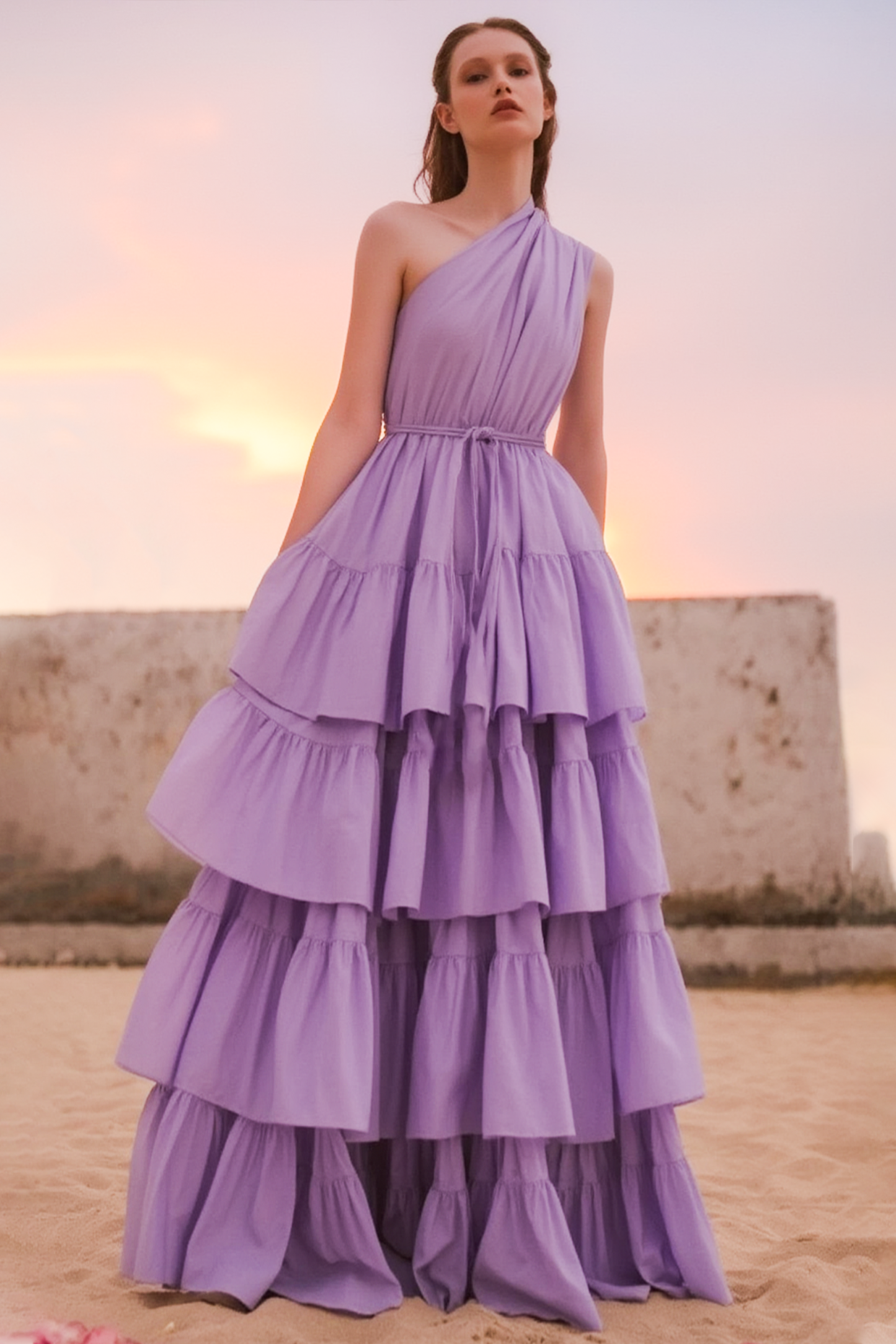 Prom Party Dress Purple One Shoulder Layer Ruched Floor-Length Dress