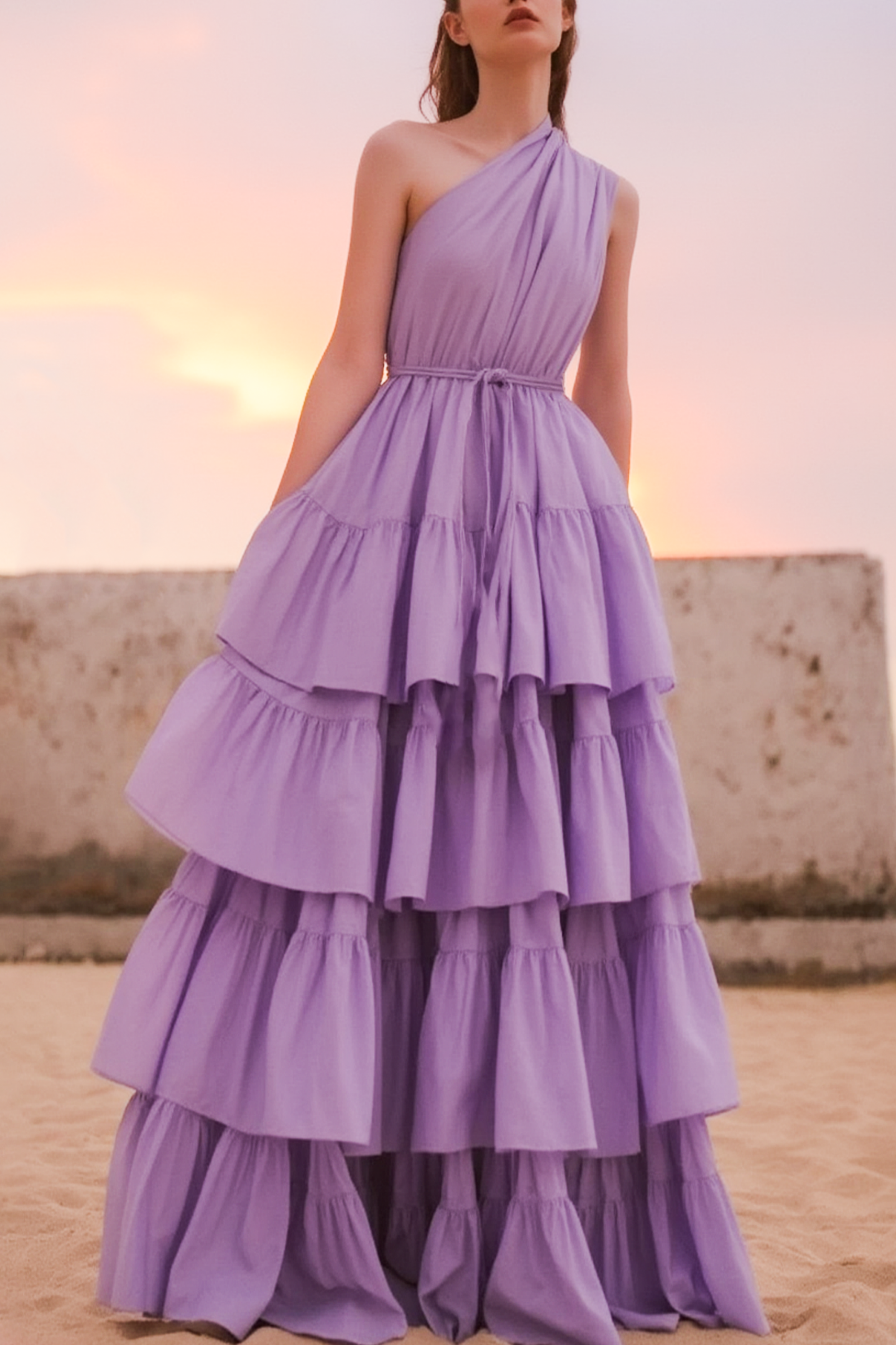 Prom ​Party Dress Purple One Shoulder Layer Ruched Floor-Length Dress
