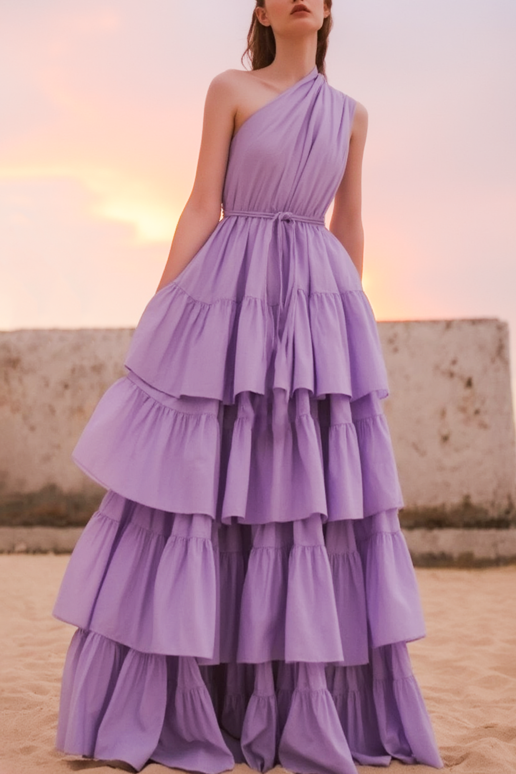Prom Party Dress Purple One Shoulder Layer Ruched Floor-Length Dress