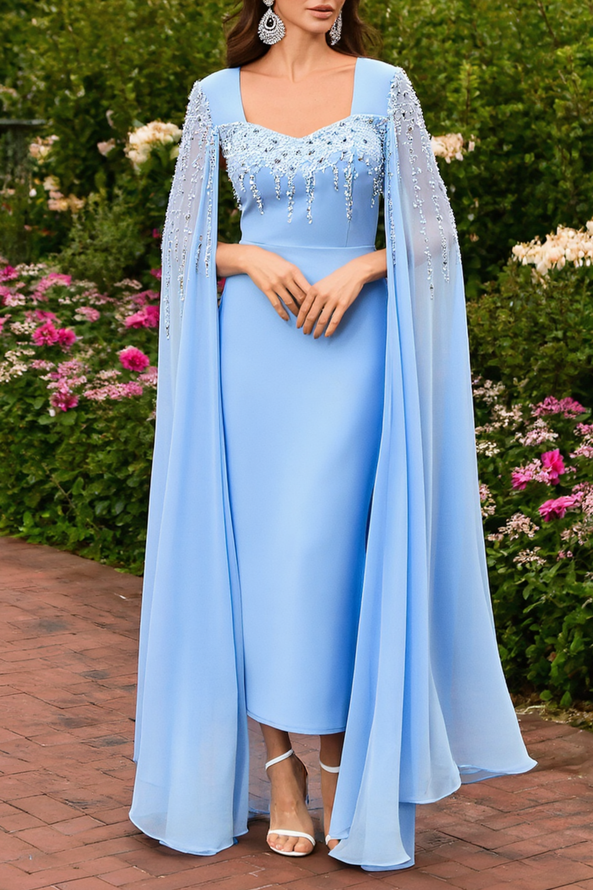Formal Dress Blue Sweetheart Neck Cape Beaded Floor-Length Dress