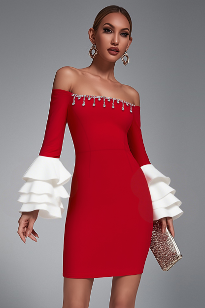 Cocktail Party Dress Red Off Shoulder Ruffle Mini Dress