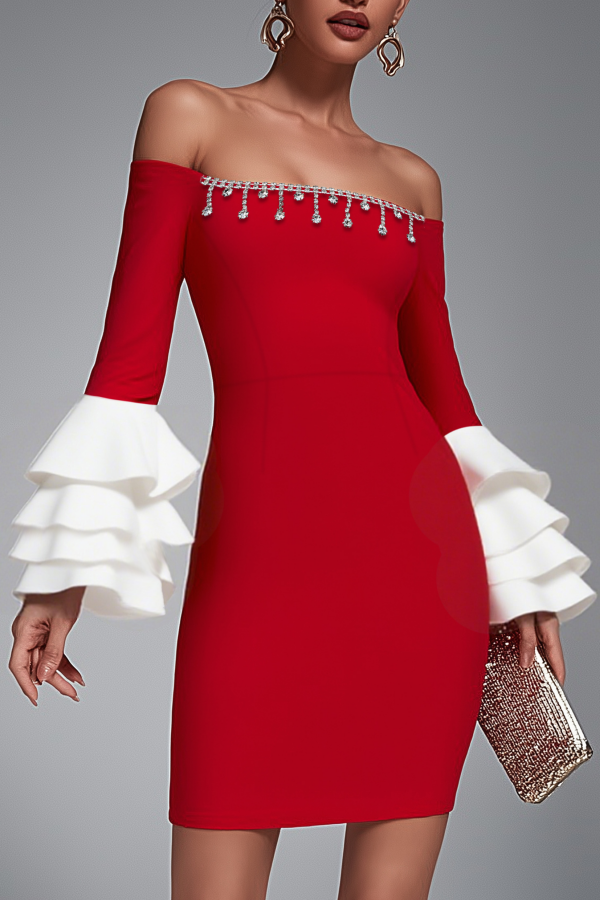 Cocktail Party Dress Red Off Shoulder Ruffle Mini Dress